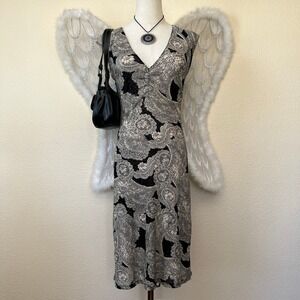 Y2K Romantic Dark Stretchy Fitted Dress Paisley V Neck Sleeveless Midi M Vampy‎